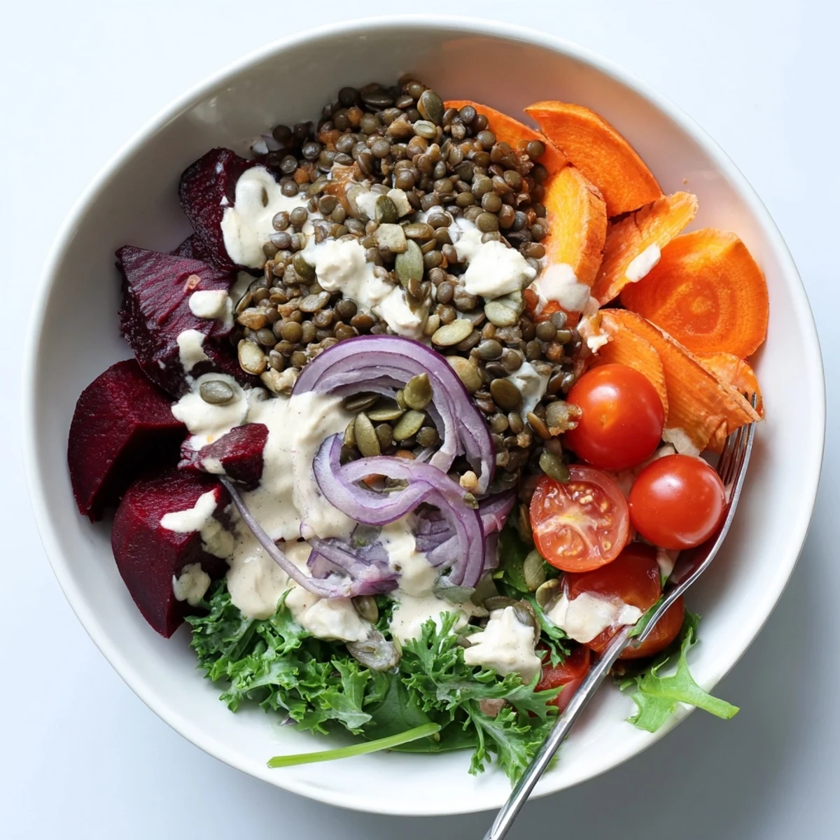 Eine lebendige, nahrhafte Bowl voll erdiger Linsen, süßer gerösteter Rote Bete, knackigem Gemüse und einem würzigen Zitronen-Tahini-Dressing - perfekt für ein gesundes Mittagessen oder leichtes Abendessen.