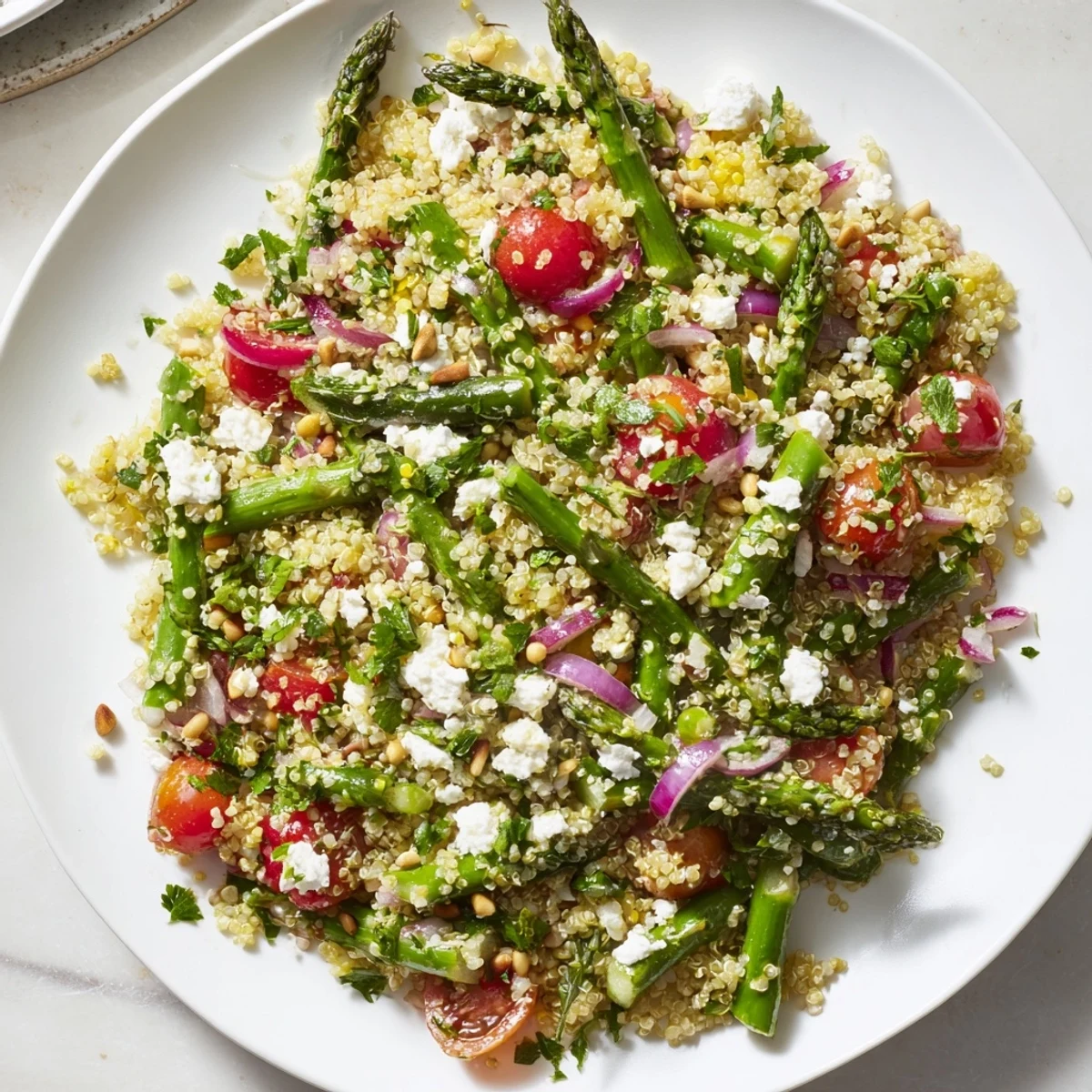 Frischer Asparagus-Quinoa-Salat mit leuchtenden Farben und zesty Zitronendressing.