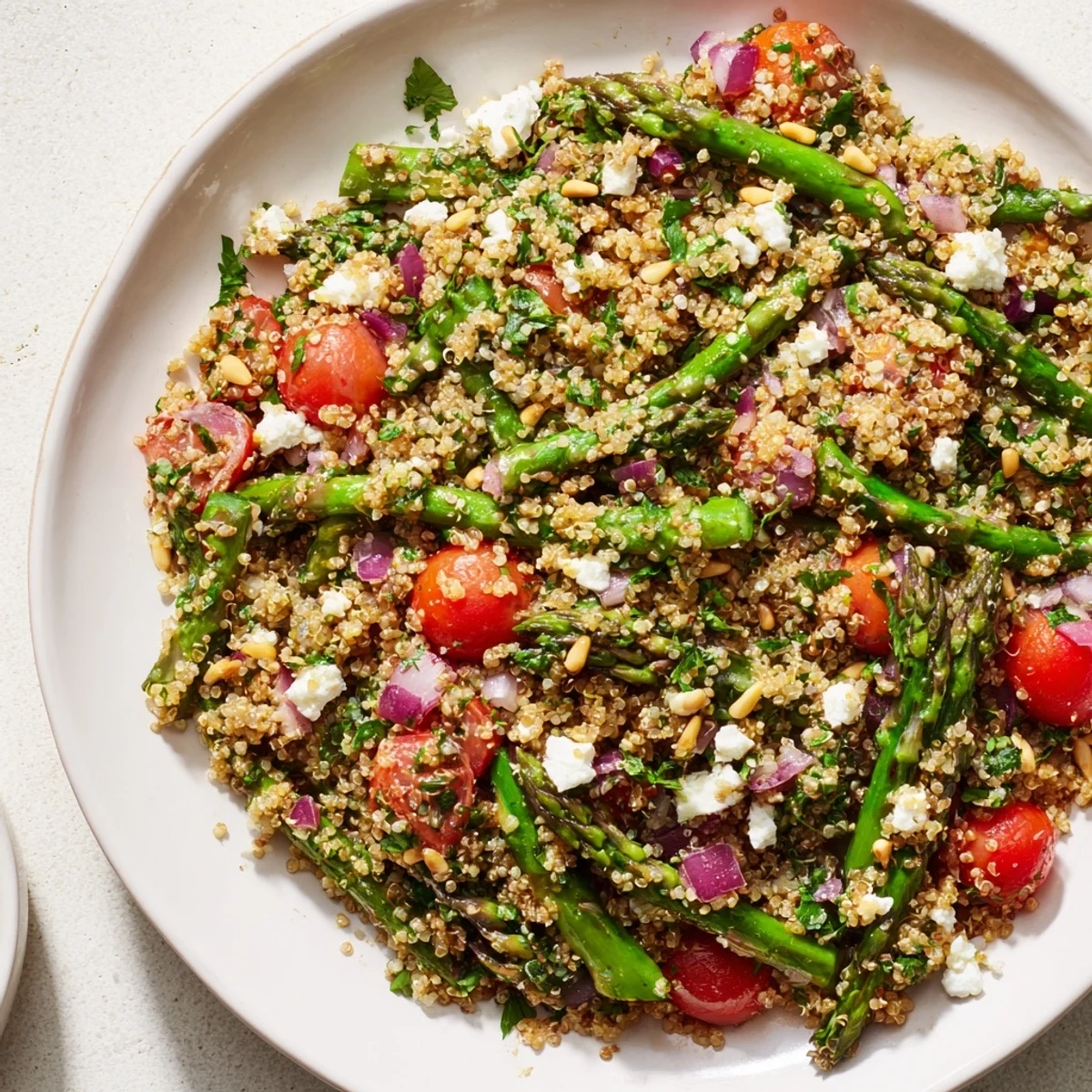 Vibranter Asparagus-Quinoa-Salat, ideal für ein leichtes Mittagessen oder als Beilage.